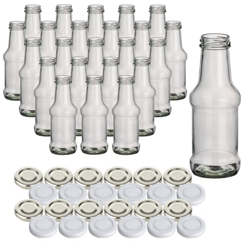 gouveo 24er Set Glasflasche 250 ml “BBQ” mit Schraub-Deckel in silberfarben und weiss - Kleine Saftflasche 0,25 l mit TO38 Verschluss - Leere Flasche ideal für Saft und Smoothies von gouveo