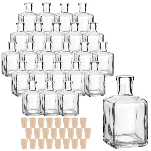 gouveo 24er Set Glasflasche 250 ml Cube mit Spitzkorken (PE) - Schöne Flasche 0,25 l zum Befüllen - Eckiges Fläschchen für Likör, Gin, Schnaps, Öl, Vase von gouveo