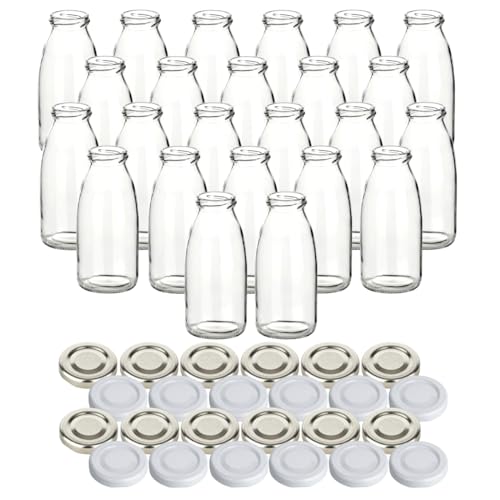 gouveo 24er Set Glasflasche 250 ml “Saft” mit Schraub-Deckel in silberfarben und Weiss - Kleine Saftflasche 0,25 l mit TO43 Verschluss - Leere Flasche ideal für Saft und Smoothies von gouveo