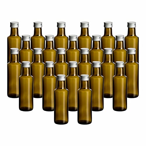 gouveo 24er Set Glasflaschen 100 ml Dorica Antik mit Schraubverschluss silberfarben - Kleine Flasche 0,1 l zum Befüllen - Glasflasche für Likör, Schnaps, Öl, Essig von gouveo