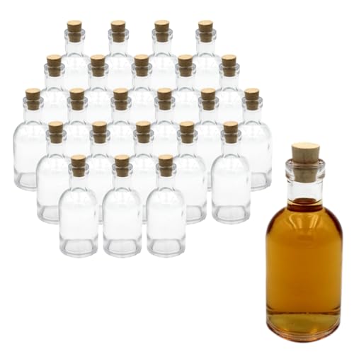 gouveo 24er Set Glasflaschen 100 ml Klassik mit Korken (SK) - Kleine Flasche 0,1 l aus Glas zum Befüllen - Leere Flasche für Likör, Schnaps, Gin, Öl, Essig von gouveo