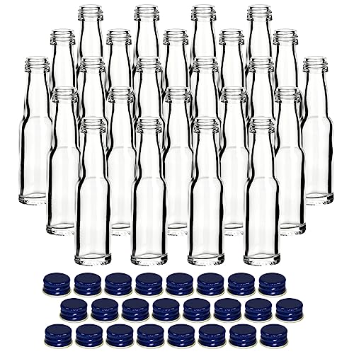 gouveo 24er Set Glasflaschen 20 ml Lang mit Schraubverschluss blau - Mini Flasche 0,02 l zum Befüllen - Glasfläschchen für Likör, Schnaps, Öl oder zum Basteln von gouveo