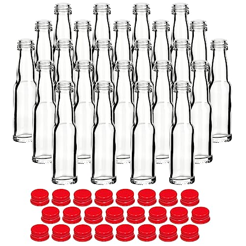 gouveo 24er Set Glasflaschen 20 ml Lang mit Schraubverschluss rot - Mini Flasche 0,02 l zum Befüllen - Glasfläschchen für Likör, Schnaps, Öl oder zum Basteln von gouveo