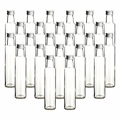 gouveo 24er Set Glasflaschen 250 ml Dorica transparent mit Schraubverschluss silberfarben - Kleine Flasche 0,25 l zum Befüllen - Glasflasche für Likör, Schnaps, Öl, Essig von gouveo