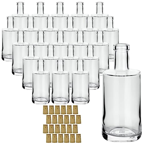 gouveo 24er Set Glasflaschen 250 ml Prim mit Spitzkorken - Kleine Flaschen 0,25 l aus hochwertigem Glas mit Korken - Glasflasche mit Korkverschluss zum Befüllen mit Likör, Schnaps, Öl von gouveo