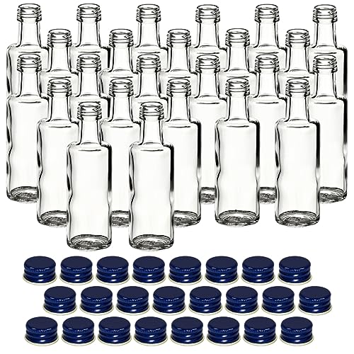 gouveo 24er Set Glasflaschen 40 ml Dorica mit Schraubverschluss blau - Mini Flasche 0,04 l zum Befüllen - Glasfläschchen für Likör, Schnaps, Öl oder zum Basteln von gouveo