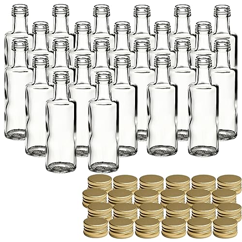 gouveo 24er Set Glasflaschen 40 ml Dorica mit Schraubverschluss goldfarben - Mini Flasche 0,04 l zum Befüllen - Glasfläschchen für Likör, Schnaps, Öl oder zum Basteln von gouveo