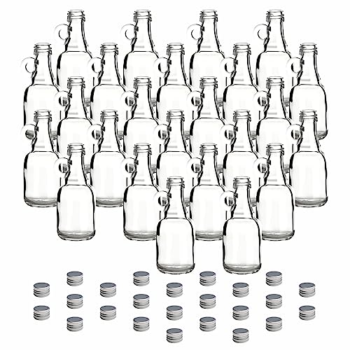 gouveo 24er Set Glasflaschen 40 ml mit Henkel und Schraubverschluss silberfarben - Mini Henkelflasche 0,04 l zum Befüllen - Glasfläschchen für Likör, Schnaps, Öl oder zum Basteln von gouveo