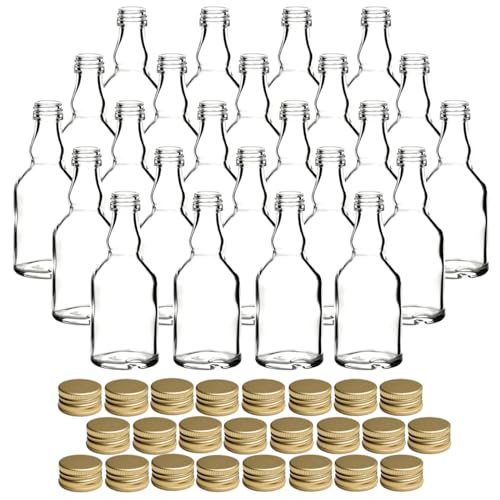 gouveo 24er Set Glasflaschen 50 ml Mina mit Schraubverschluss goldfarben - Mini Flasche 0,05 l zum Befüllen - Glasfläschchen für Likör, Schnaps, Öl oder zum Basteln (MFM050G) von gouveo