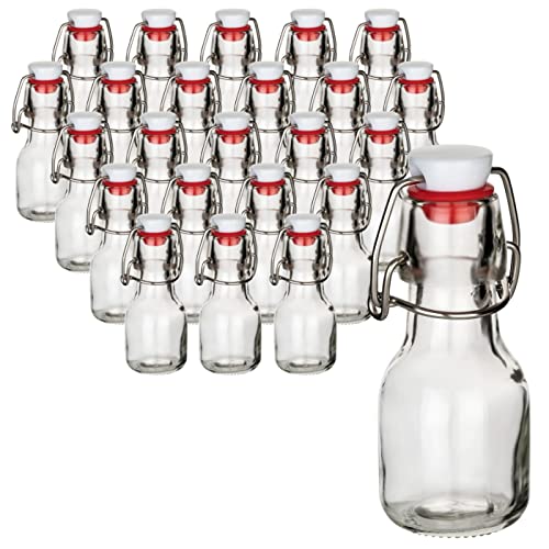 gouveo 24er Set Glasflaschen 60 ml rund mit Bügelverschluss rot - Mini Bügelflasche 0,06 l zum Befüllen - Mini-Flasche für Likör, Schnaps, Shots, Hochzeit-Dekoration von gouveo