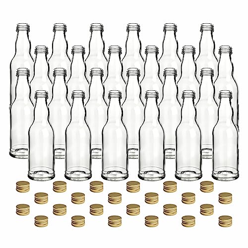 gouveo 24er Set Glasflasche 200 ml Kropfhals mit Schraubverschluss goldfarben - Kleine Flaschen für Likör, Schnaps, Saft, Essig und Öl - Flaschen-Set zum Befüllen von gouveo