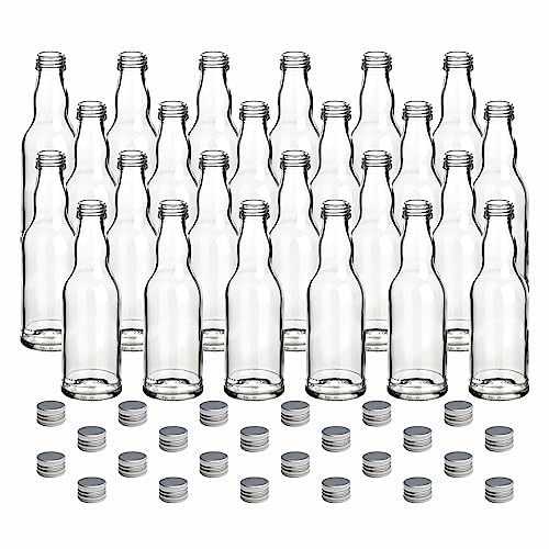 gouveo 24er Set Glasflasche 200 ml Kropfhals mit Schraubverschluss silberfarben - Kleine Flaschen für Likör, Schnaps, Saft, Essig und Öl - Flaschen-Set zum Befüllen von gouveo