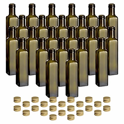 gouveo 24er Set Glasflasche 250 ml Maraska -Antik- mit Schraubverschluss goldfarben - Leere Flasche 0,25 l zum Befüllen - Glasflasche für Likör, Schnaps, Essig, Öl von gouveo