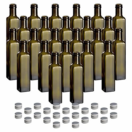 gouveo 24er Set Glasflasche 250 ml Maraska -Antik- mit Schraubverschluss silberfarben - Leere Flasche 0,25 l zum Befüllen - Glasflasche für Likör, Schnaps, Essig, Öl von gouveo