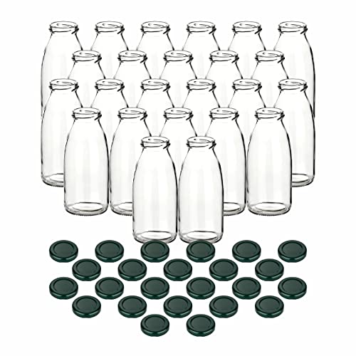 gouveo 24er Set Saftflasche 250 ml mit Schraub-Deckel grün - Kleine Glasflasche 0,25 l mit TO43 Verschluss - Leere Flasche zum Befüllen für Küche und Haushalt von gouveo