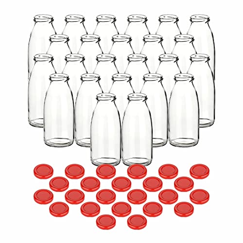 gouveo 24er Set Saftflasche 250 ml mit Schraub-Deckel rot - Kleine Glasflasche 0,25 l mit TO43 Verschluss - Leere Flasche zum Befüllen für Küche und Haushalt von gouveo