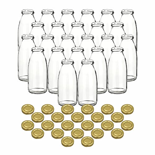 gouveo 24er Set Saftflasche 250 ml mit Schraub-Deckel goldfarben - Kleine Glasflasche 0,25 l mit TO43 Verschluss - Leere Flasche zum Befüllen für Küche und Haushalt von gouveo