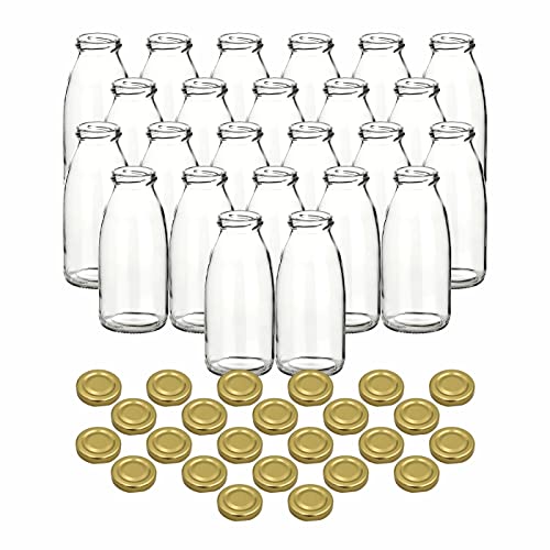 gouveo 24er Set Saftflasche 250 ml mit Schraubdeckel goldfarben - Glasflasche 0,25 l mit TO43 Verschluss - Leere Flasche für Saft, Smoothie, Limonade (SF250G) von gouveo