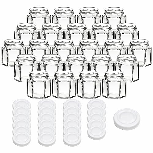 gouveo 24er Set Einmachgläser 45 ml Hexagon Schraub-Deckel weiß - Mini Vorratsgläser 0,045 l mit Schraubverschluss - Leere Gewürzgläser, Marmeladengläser, Einkochgläser, Einweckgläser von gouveo