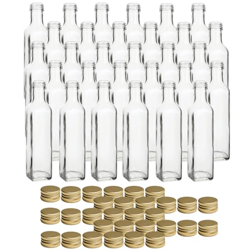 gouveo 30er Set Glasflasche Maraska 250 ml mit Schraubverschluss goldfarben - Kleine Flasche 0,25 l zum Befüllen - Likörflasche, Schnapsflasche, Essigflasche, Ölflasche von gouveo