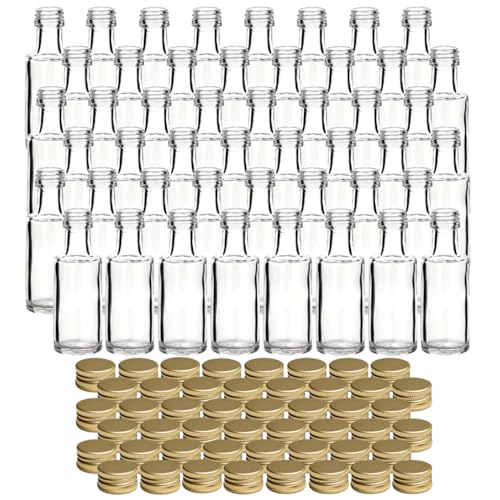 gouveo 48er Set Glasflaschen 20 ml Dorica mit Schraubverschluss goldfarben - Mini Flasche 0,02 l zum Befüllen - Glasfläschchen für Likör, Schnaps, Öl oder zum Basteln von gouveo