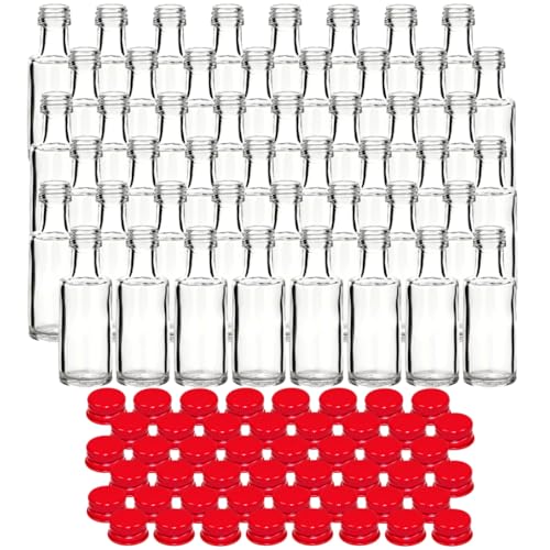 gouveo 48er Set Glasflaschen 20 ml Dorica mit Schraubverschluss rot - Mini Flasche 0,02 l zum Befüllen - Glasfläschchen für Likör, Schnaps, Öl oder zum Basteln von gouveo