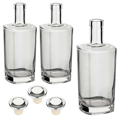 gouveo 3er Set Dekanter 700 ml ELSA mit Korken (HGK) silberfarben - Design-Flasche 0,7 l aus Glas - Karaffe mit kantigem Flaschenkörper - Leere Glasflasche für Likör, Whisky, Cognac von gouveo