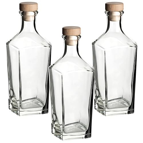 gouveo 3er Set Dekanter 750 ml Ina mit Korken (HGK) - Design-Flasche 0,75 l aus Glas - Karaffe mit kantigem Flaschenkörper - Leere Glasflasche für Likör, Whisky, Cognac von gouveo