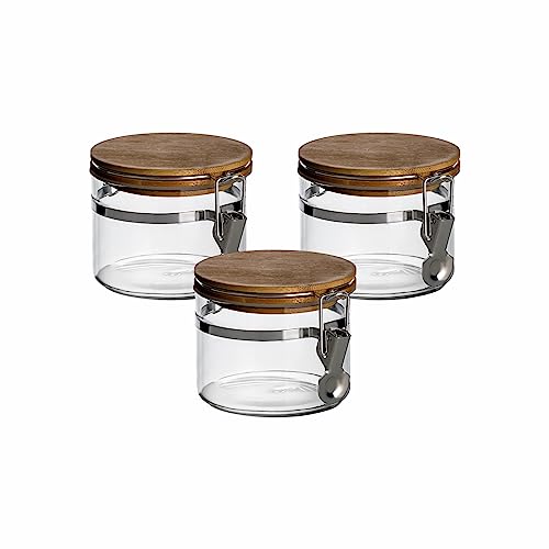gouveo 3er Set Vorratsglas Borosilikat 400 ml mit Bügelverschluss - Vorratsdosen aus Borosilikatglas mit Drahtbügelverschluss - Bügelgläser mit Bambusdeckel (BGB400BAM) von gouveo