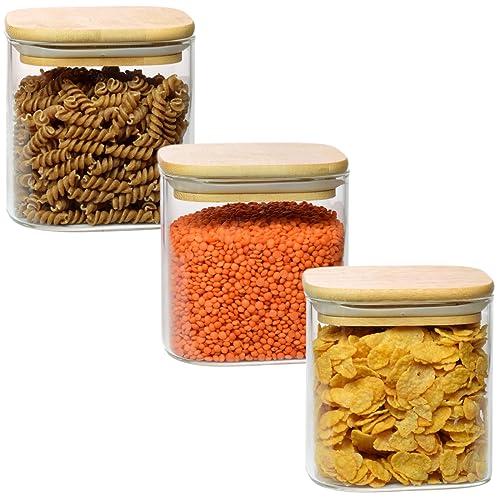 gouveo 3er Set Vorratsgläser 800 ml aus Borosilikatglas eckig mit Deckel - Aufbewahrungsgläser für Küche und Haushalt - Robuste Glasbehälter, Gewürzgläser, Vorratsdose (BGE800B) von gouveo
