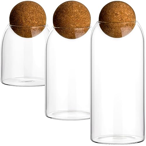 gouveo 3er Set Vorratsglas rund mit Kugel-Korken 400 ml / 650 ml / 900 ml - Vorratsdosen aus Borosilikatglas mit Korkverschluss - Glasbehälter Küche für Gewürze, Pasta, Kaffee, Süßigkeiten von gouveo