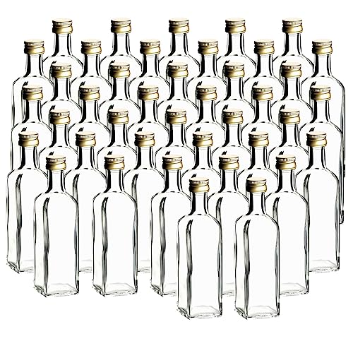 gouveo 40er Set Glasflaschen 60 ml Maraska mit Schraubverschluss goldfarben - Mini Flasche 0,06 l zum Befüllen - Glasfläschchen für Likör, Schnaps, Öl oder zum Basteln von gouveo