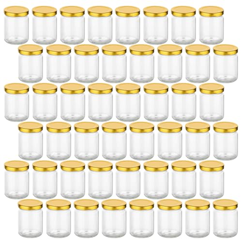 gouveo 48er Set Einmachgläser 100 ml rund mit Schraubdeckel goldfarben - Kleine Vorratsgläser mit Schraubverschluß - Schraubgläser zum Einkochen und Aufbewahren von gouveo