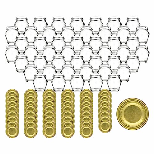 gouveo 48er Set Einmachgläser 106 ml mit Henkel und Schraub-Deckel goldfarben - Kleine Vorratsgläser mit Drehverschluss - Henkelglas, Marmeladengläser, Einkochgläser, Einweckgläser von gouveo