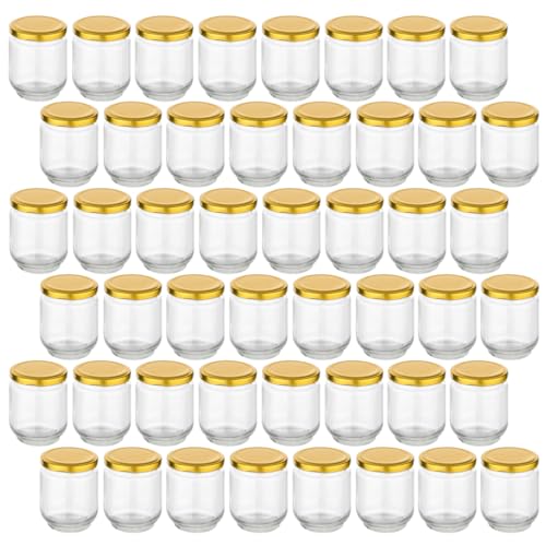 gouveo 48er Set Einmachgläser 190 ml rund mit Schraubdeckel goldfarben - Kleine Vorratsgläser mit Schraubverschluß - Schraubgläser zum Einkochen und Aufbewahren von gouveo