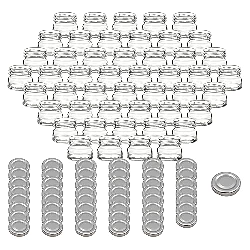 gouveo 48er Set Einmachgläser 30 ml Mini mit Schraubdeckel silberfarben - Mini Vorratsgläser mit Drehverschluss TO43 - Runde Gläschen zum Einwecken, für Marmelade, Gewürze (EGR030S) von gouveo