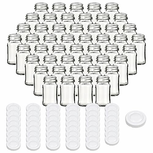 gouveo 48er Set Einmachgläser 65 ml Mini mit Schraub-Deckel Weiss - Kleine Schraubgläser mit Twist-Off-Deckel - Runde Gläser für Marmelade, Gewürze von gouveo