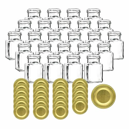 gouveo 48er Set Einmachgläser 150 ml eckig mit Schraubverschluss goldfarben - Kleine Vorratsgläser mit Deckel - Leere Gewürzgläser, Marmeladengläser, Einkochgläser (EGE150G) von gouveo