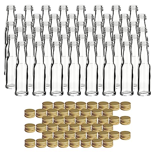 gouveo 48er Set Glasflaschen 20 ml Lang mit Schraubverschluss goldfarben - Mini Flasche 0,02 l zum Befüllen - Glasfläschchen für Likör, Schnaps, Öl oder zum Basteln von gouveo