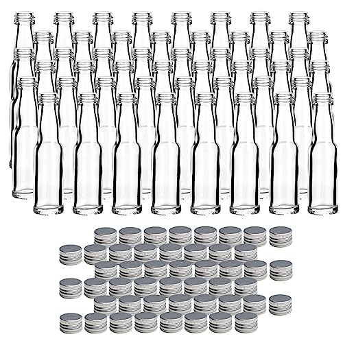 gouveo 48er Set Glasflaschen 20 ml Lang mit Schraubverschluss silberfarben - Mini Flasche 0,02 l zum Befüllen - Glasfläschchen für Likör, Schnaps, Öl oder zum Basteln von gouveo