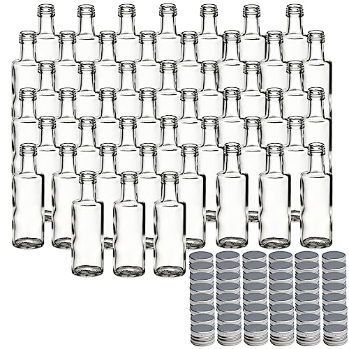 gouveo 48er Set Glasflaschen 40 ml Dorica mit Schraubverschluss silberfarben - Mini Flasche 0,04 l zum Befüllen - Glasfläschchen für Likör, Schnaps, Öl oder zum Basteln von gouveo