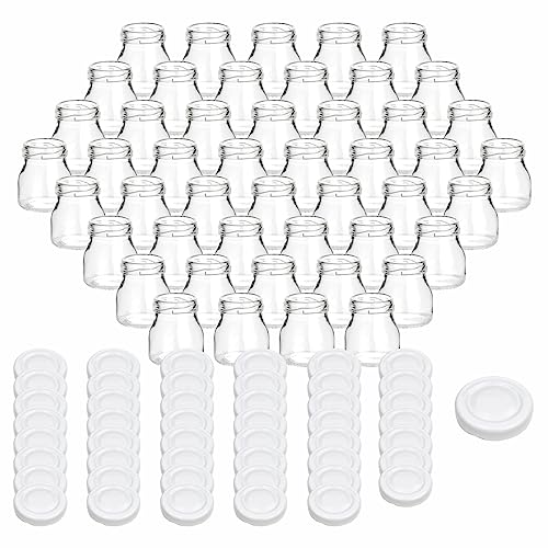 gouveo 48er Set Einmachgläser 50 ml Mini mit Schraubdeckel weiß - Mini Vorratsgläser mit Drehverschluss - Runde Marmeladengläschen zum Einkochen, Befüllen, Servieren (EGR050W) von gouveo