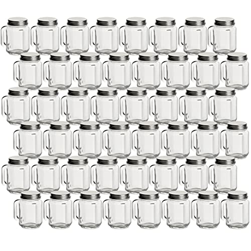 gouveo 48er Set Mini Trinkgläser 30 ml mit Drehverschluss silberfarben - Trinkglas mit Henkel und Schraubdeckel - Mini Henkelgläser mit Deckel für Geburtstag, Party, Hochzeit (TGH030S) von gouveo