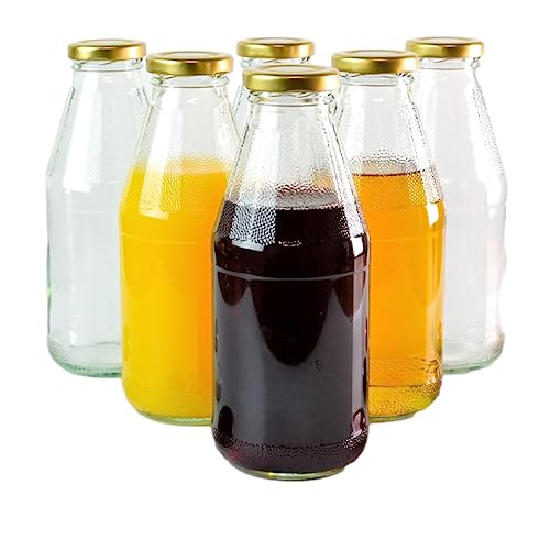 gouveo 6er Set Saftflasche 500 ml mit Schraub-Deckel goldfarben - Kleine Glasflasche 0,5 l mit TO43 Verschluss - Leere Flasche zum Befüllen für Küche und Haushalt von gouveo