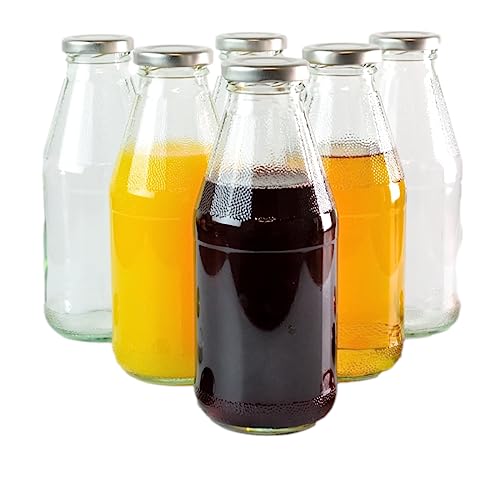 gouveo 6er Set Saftflasche 500 ml mit Schraub-Deckel silberfarben - Kleine Glasflasche 0,5 l mit TO43 Verschluss - Leere Flasche zum Befüllen für Küche und Haushalt von gouveo