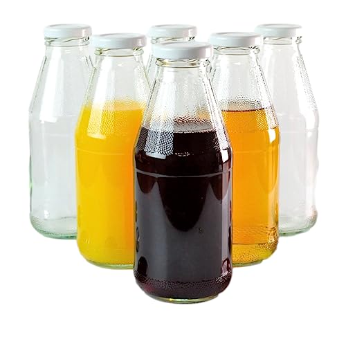 gouveo 6er Set Saftflasche 500 ml mit Schraub-Deckel weiß - Kleine Glasflasche 0,5 l mit TO43 Verschluss - Leere Flasche zum Befüllen für Küche und Haushalt von gouveo
