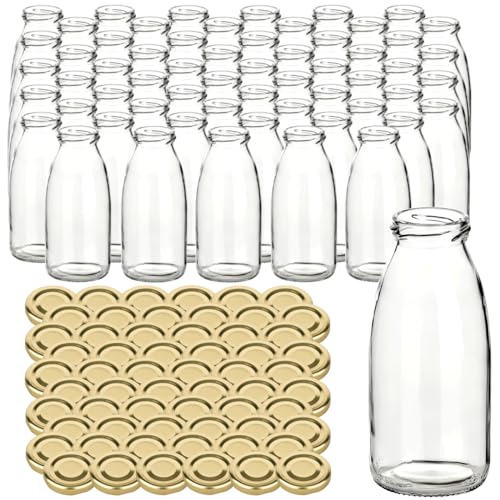 gouveo 60er Set Saftflasche 250 ml mit Schraub-Deckel goldfarben - Kleine Glasflasche 0,25 l mit TO43 Verschluss - Leere Flasche zum Befüllen für Küche und Haushalt von gouveo