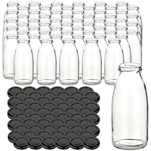 gouveo 60er Set Saftflasche 250 ml mit Schraub-Deckel schwarz - Kleine Glasflasche 0,25 l mit TO43 Verschluss - Leere Flasche zum Befüllen für Küche und Haushalt von gouveo