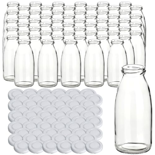 gouveo 60er Set Saftflasche 250 ml mit Schraub-Deckel weiß - Kleine Glasflasche 0,25 l mit TO43 Verschluss - Leere Flasche zum Befüllen für Küche und Haushalt von gouveo