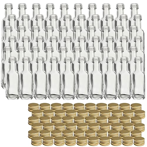 gouveo 60er Set Glasflaschen 20 ml Maraska mit Schraubverschluss goldfarben - Mini Flasche 0,02 l zum Befüllen - Glasfläschchen für Likör, Schnaps, Öl oder zum Basteln (MFET020G) von gouveo